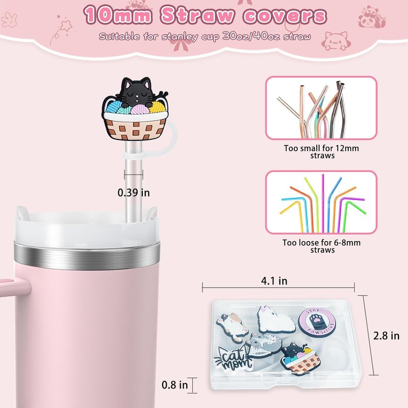 yomanta 6PCS Straw Covers for Stanley Cup Tumbler 30 oz / 40 oz Leak Proof Straw Toppers 10mm Silicone Cute Caps for Stanley Cup Accessories-Cute Cat - Image 3